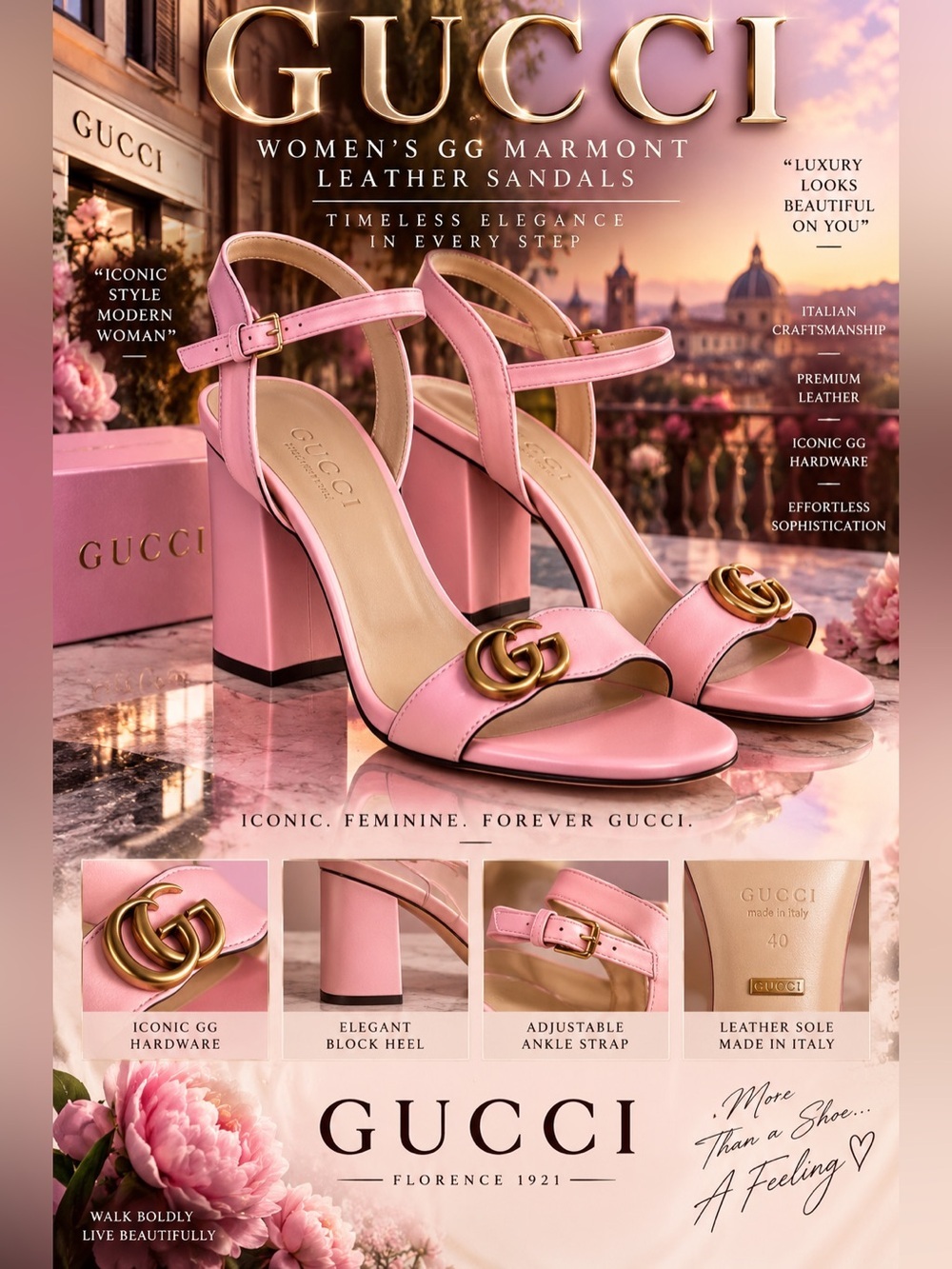 Gucci Pink Leather Mid-Block Heel Sandals with Gold GG!🔥New! Size: 8.5-9